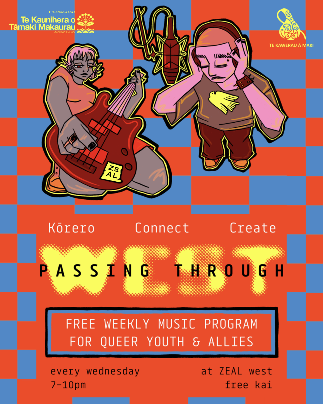 Red and blue checkered poster with a drawing of two people playing instruments