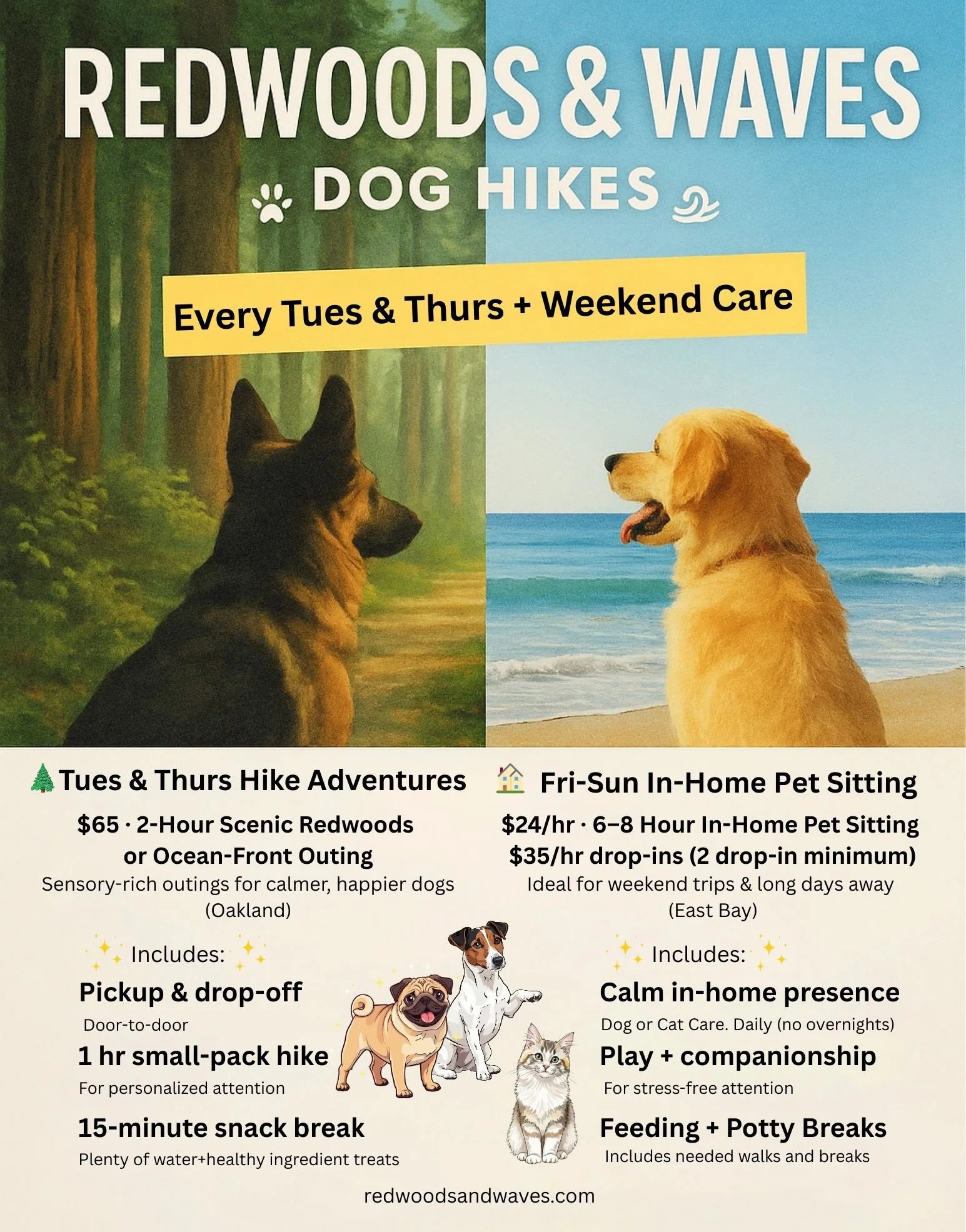Oakland Pet Care offering dog hikes, dog walking, in-home pet sitting, and drop-in visits for cats, dogs, and senior pets