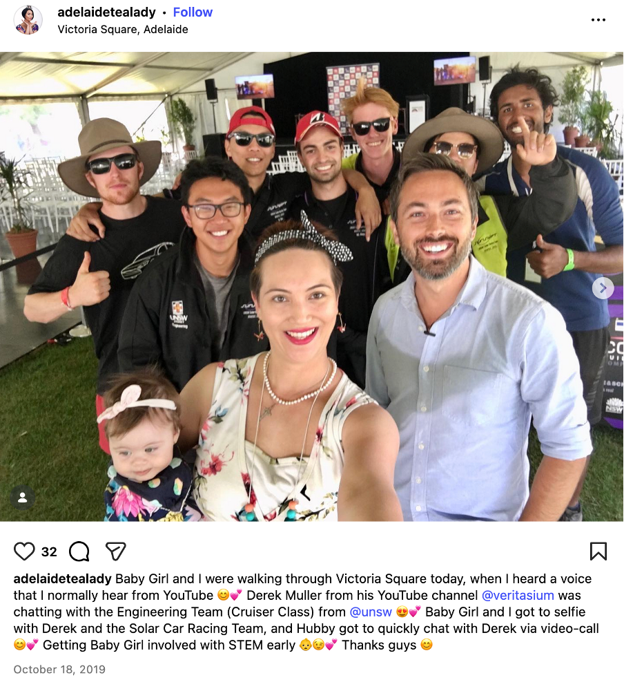 Rochelle's Instagram post with Derek Muller from Veritasium at Victoria Square, Adelaide