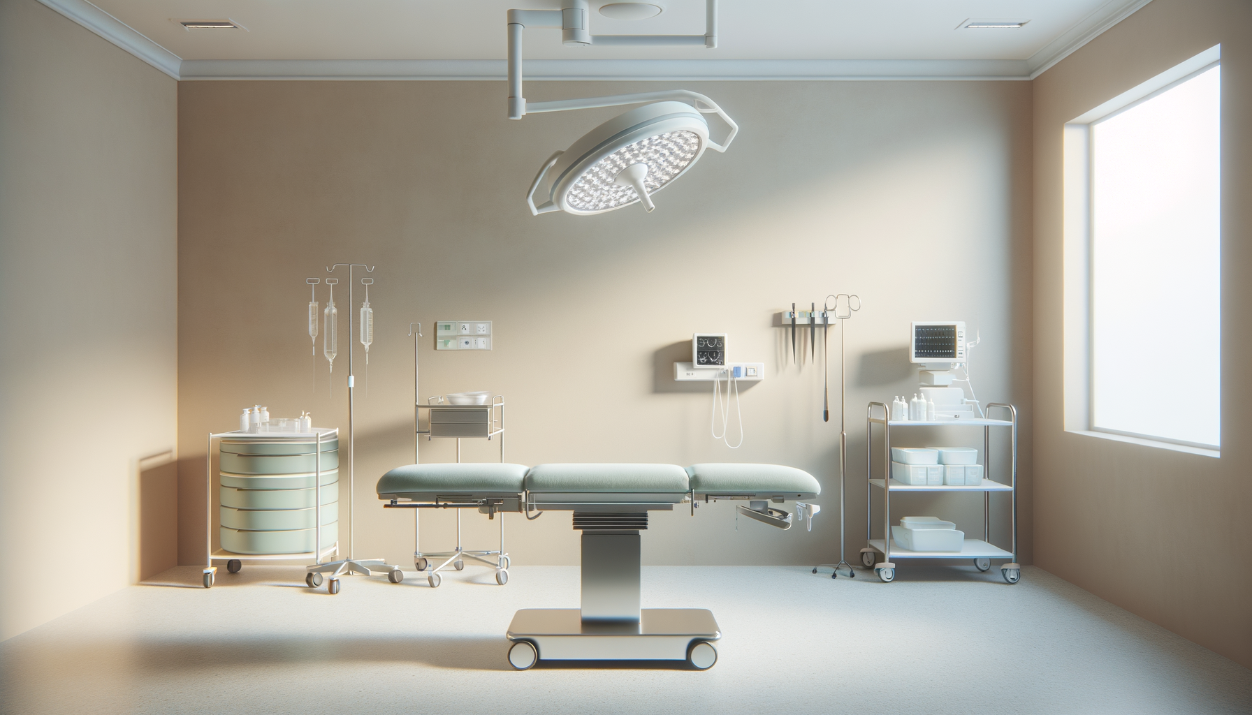 An empty sterile operating room with a surgical table, overhead light, medical equipment, and windows