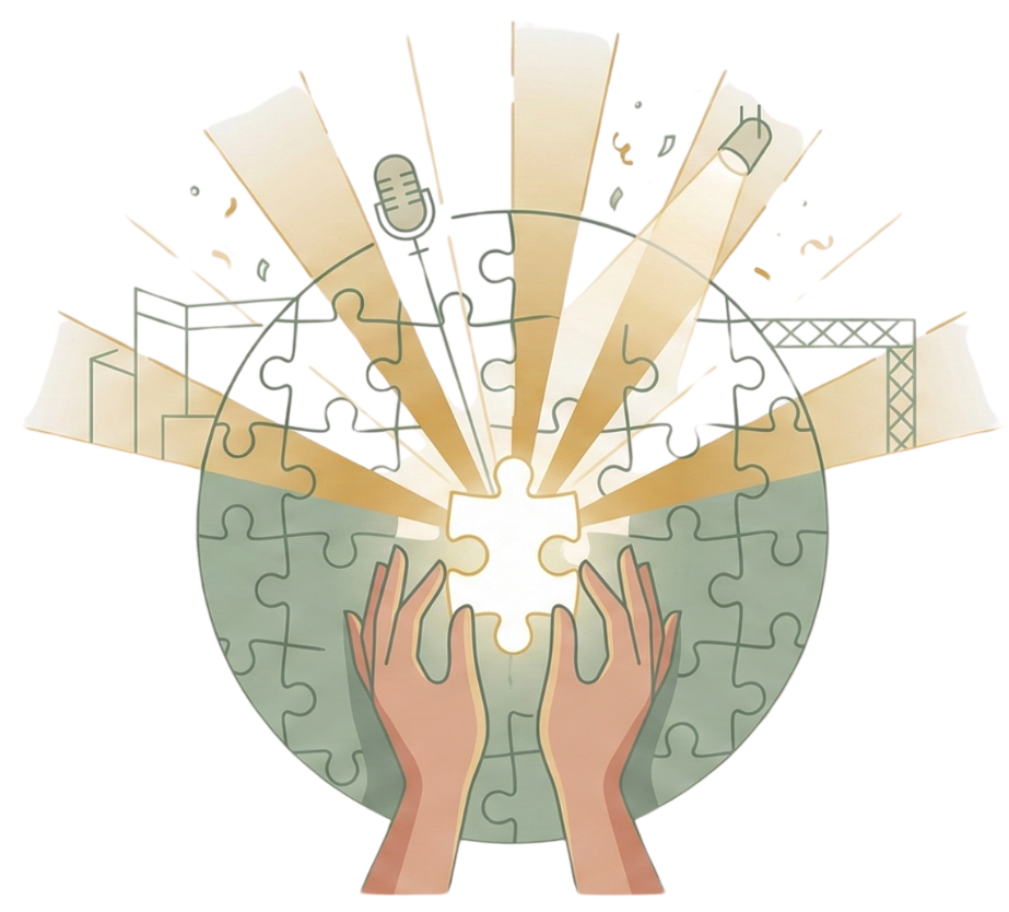 A visual representation of puzzle pieces, hands holding a puzzle piece, books, a microphone, a laboratory flask, and other interconnected items surrounding a clock face, symbolizing knowledge, time, and interconnected ideas.