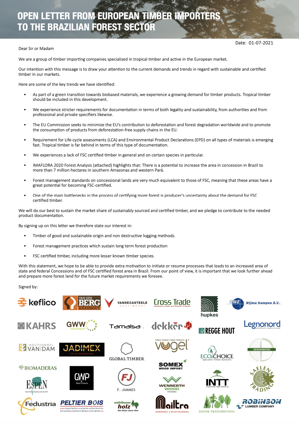 An open letter from European timber importers to the Brazilian forest sector discussing sustainable and certified timber trends, signed by various timber companies with their logos.