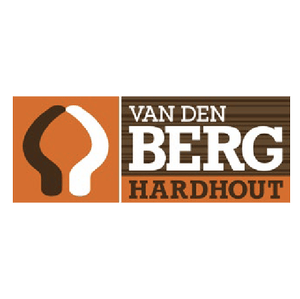 Logo for Van Den Berg Hardhout featuring a stylized tree and wood grain design with brown, white, and orange colors.