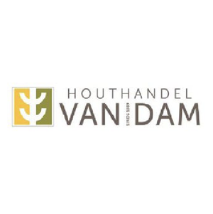 Logo for Houthandel Van Dam with a stylized tree symbol and company name.