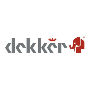 Dekker logo with stylized text, a red crown, and an elephant icon in red.