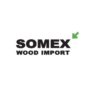 SOMEX Wood Import logo with black text and a green arrow on a white background.