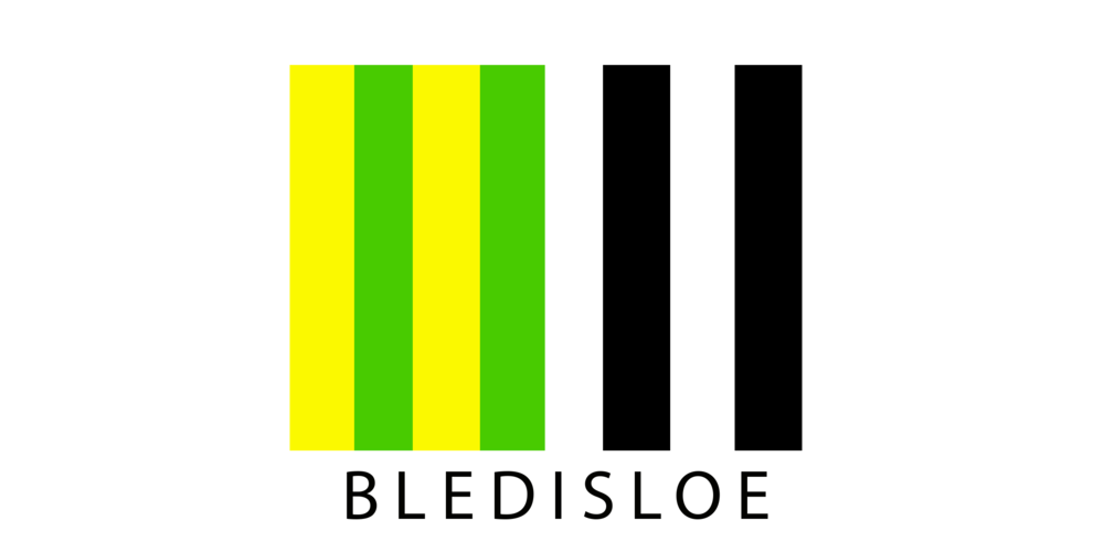 Logo with a green and yellow striped pattern next to black and white stripes, and the word 'BLEDISLOE' written below.