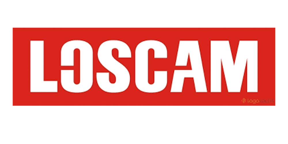 A red rectangular sign with white capital letters spelling 'LOSCAM' and a small logo in the bottom right corner.