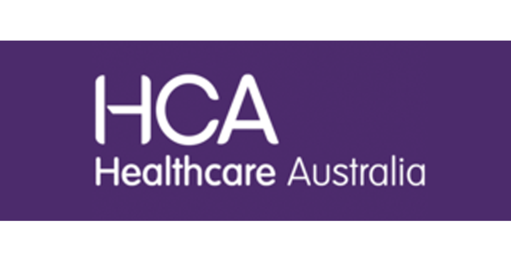 Logo of HCA Healthcare Australia with purple background and white text.