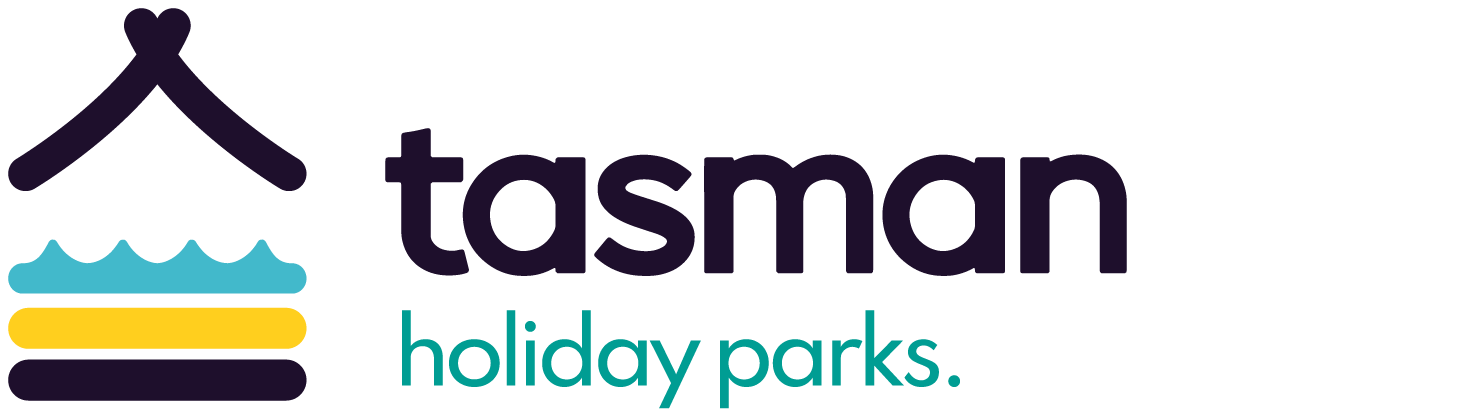 Tasman Holiday Parks logo with a stylized mountain, water waves, a yellow stripe, and purple stripes.