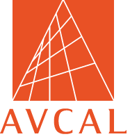 Logo with a stylized grid-like mountain graphic and the text 'AVCAL' below in orange.