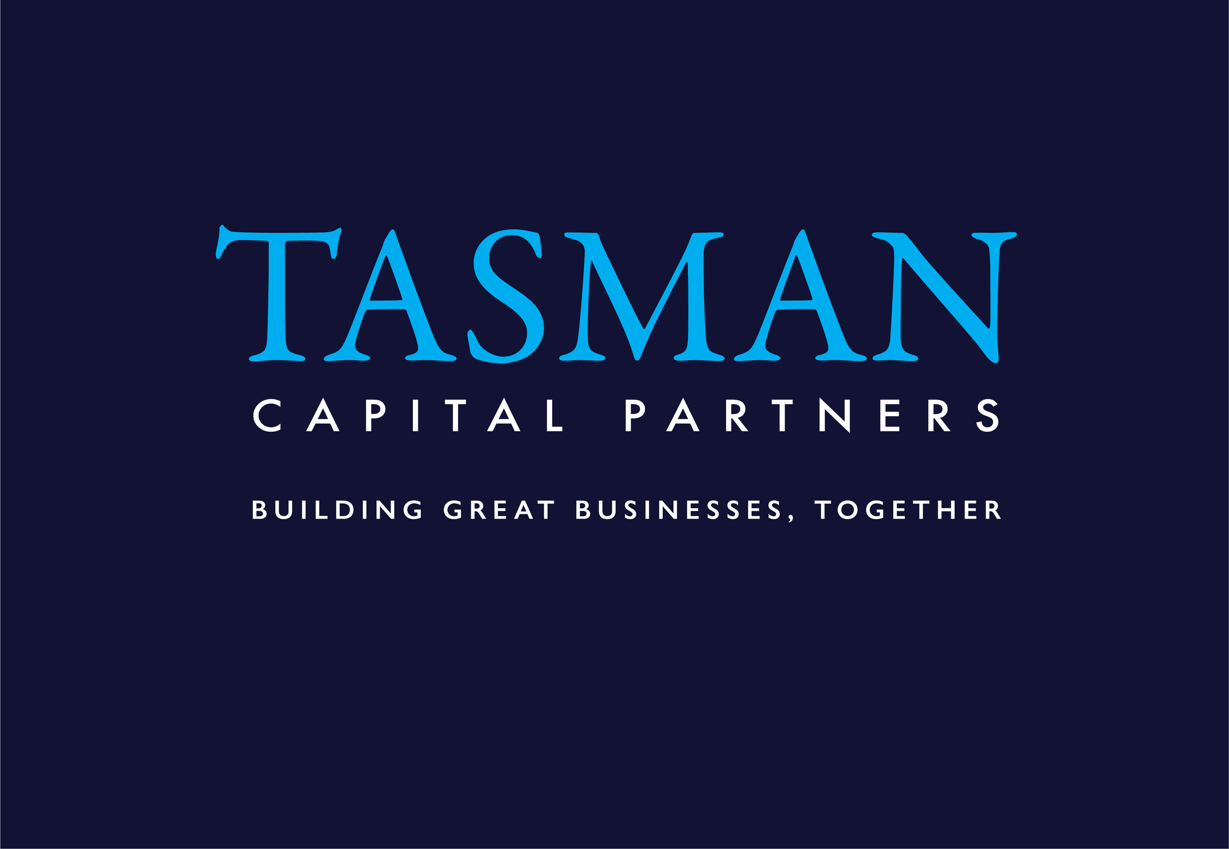 Logo for Tasman Capital Partners with slogan 'Building great businesses, together' on a dark background.