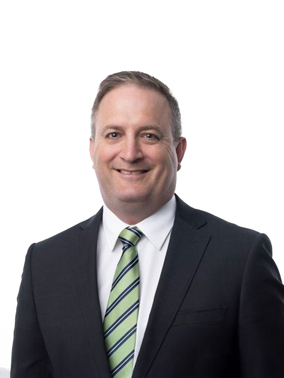 David Fisher, a  professional man in a suit and striped tie smiling, with a plain white background.