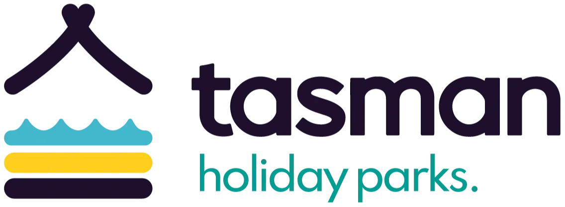 Tasman Holiday Parks logo with a stylized mountain, water waves, a yellow stripe, and purple stripes.