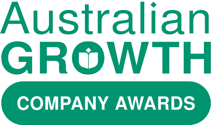 Logo for Australian Growth Company Awards with green text and a leaf icon inside the letter 'O' in 'GROWTH'.