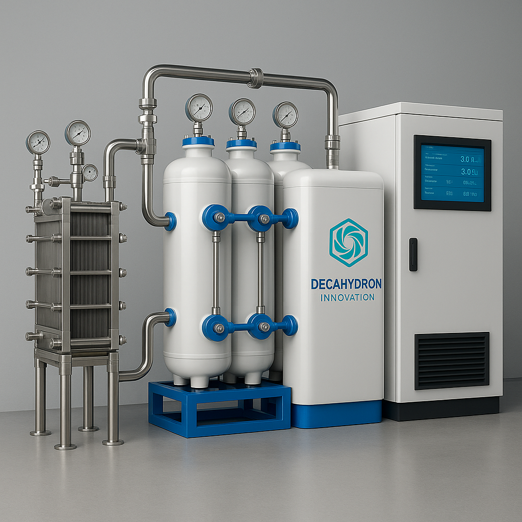 Modular hydrogen energy system with electrolyzer, storage tanks, and control unit by Decahydron Innovation