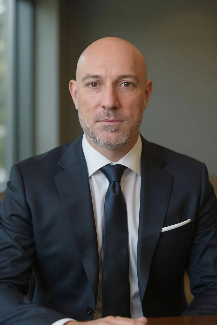 A bald man with a gray beard wearing a dark suit, white shirt, and black tie, sitting indoors with a serious expression.