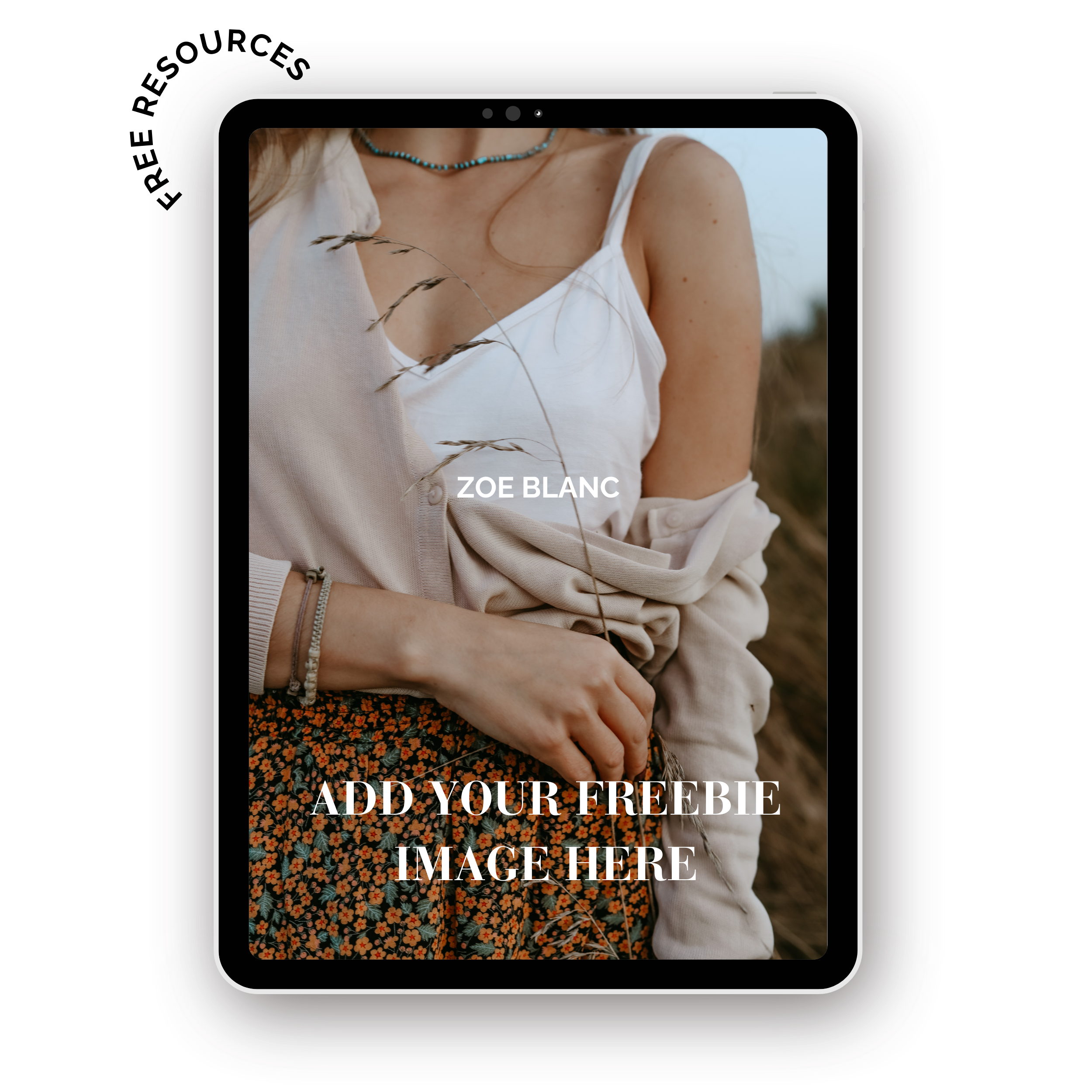 A promotional mockup showing a woman in a white camisole and patterned skirt, with overlay text for a freebie offer and the name Zoe Blanc.