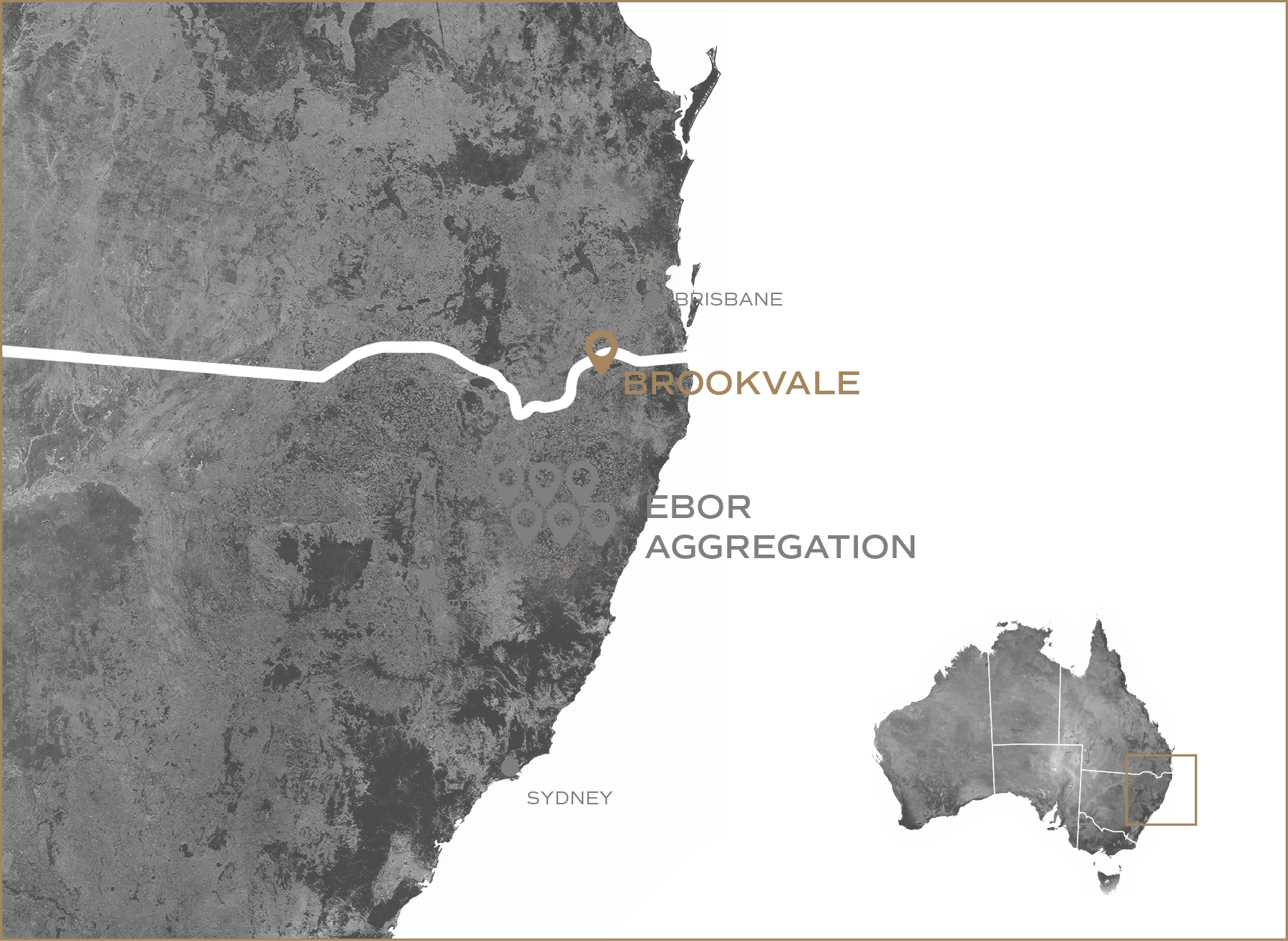A grayscale map showing the eastern coast of Australia with markers for Brisbane, Broome, and Sydney, and a smaller inset map of the country and surrounding areas to indicate Wright Pastoral's property holdings.