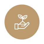 Icon of a hand holding a small plant with two leaves encased in a gold circle.