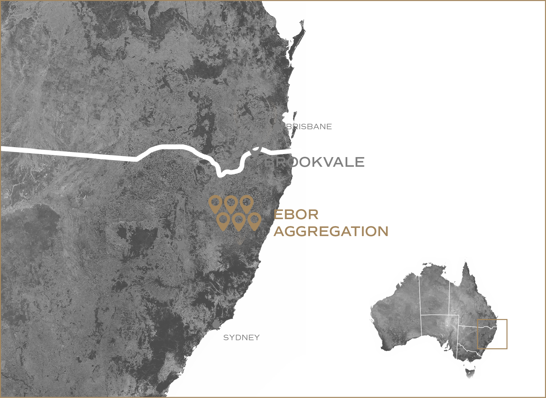 A map of southeastern Australia showing key locations including Sydney, Tamworth, Broke, Brisbane, and Ebor, in relation to Wright Pastoral property holdings.