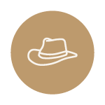 Icon of a wide-brimmed hat encased in a gold circle.