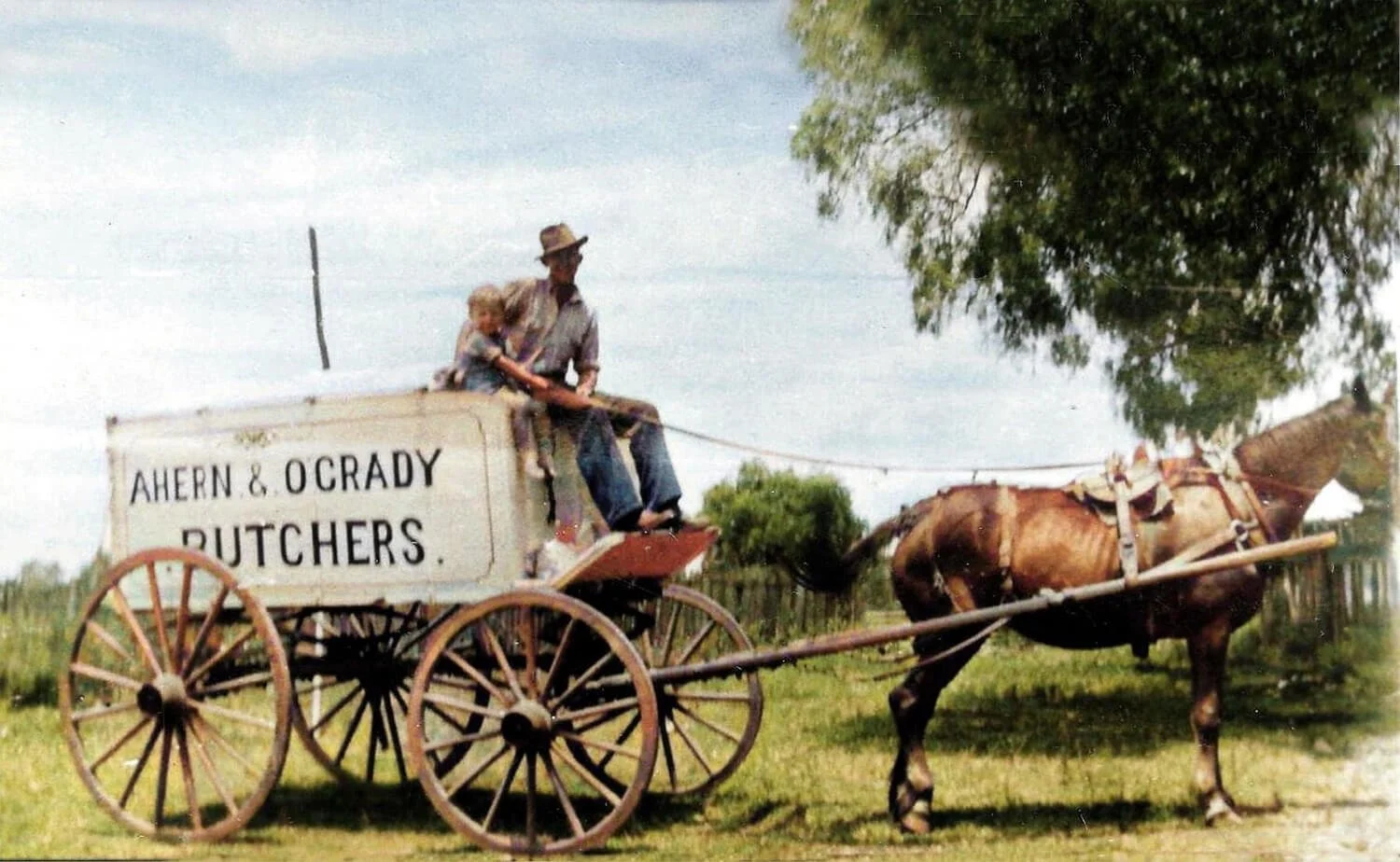A man and a young boy sitting on top of a wooden horse-drawn cart with a sign that reads 'Ahern & Ocrady Butchers,' with a horse hitched to the cart, standing on a grassy field with trees in the background.