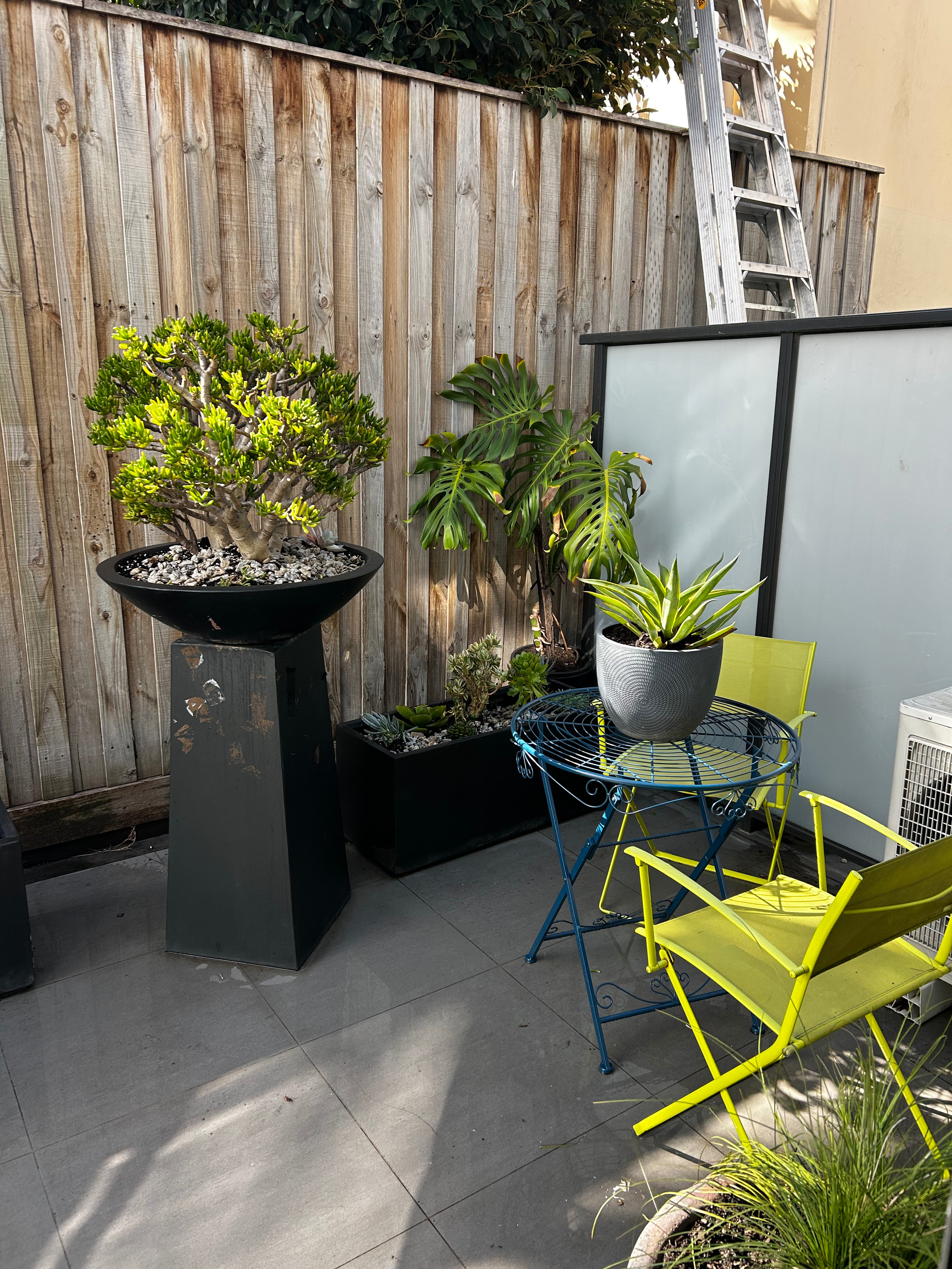 Small outdoor patio with potted plants, a yellow chair, a blue metal table, stainless steel ladder, and a wooden fence.