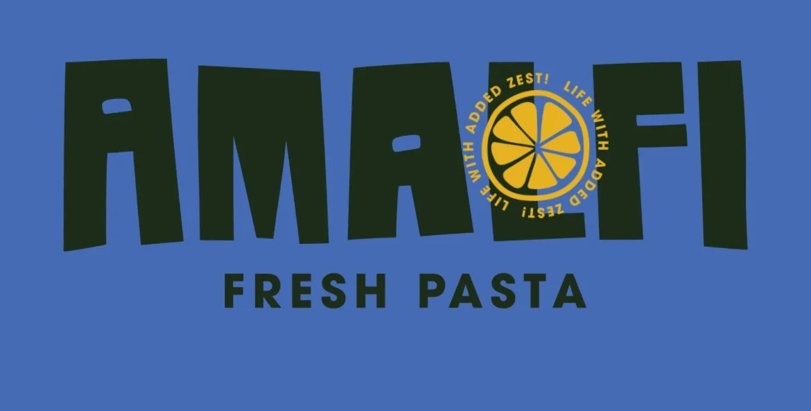 A blue background with the word 'AMALI' in large, bold, dark green letters. The second 'A' is replaced by a yellow lemon slice with the words 'LIFE WITH ADD ZEST! FRESH PASTA' written around it.