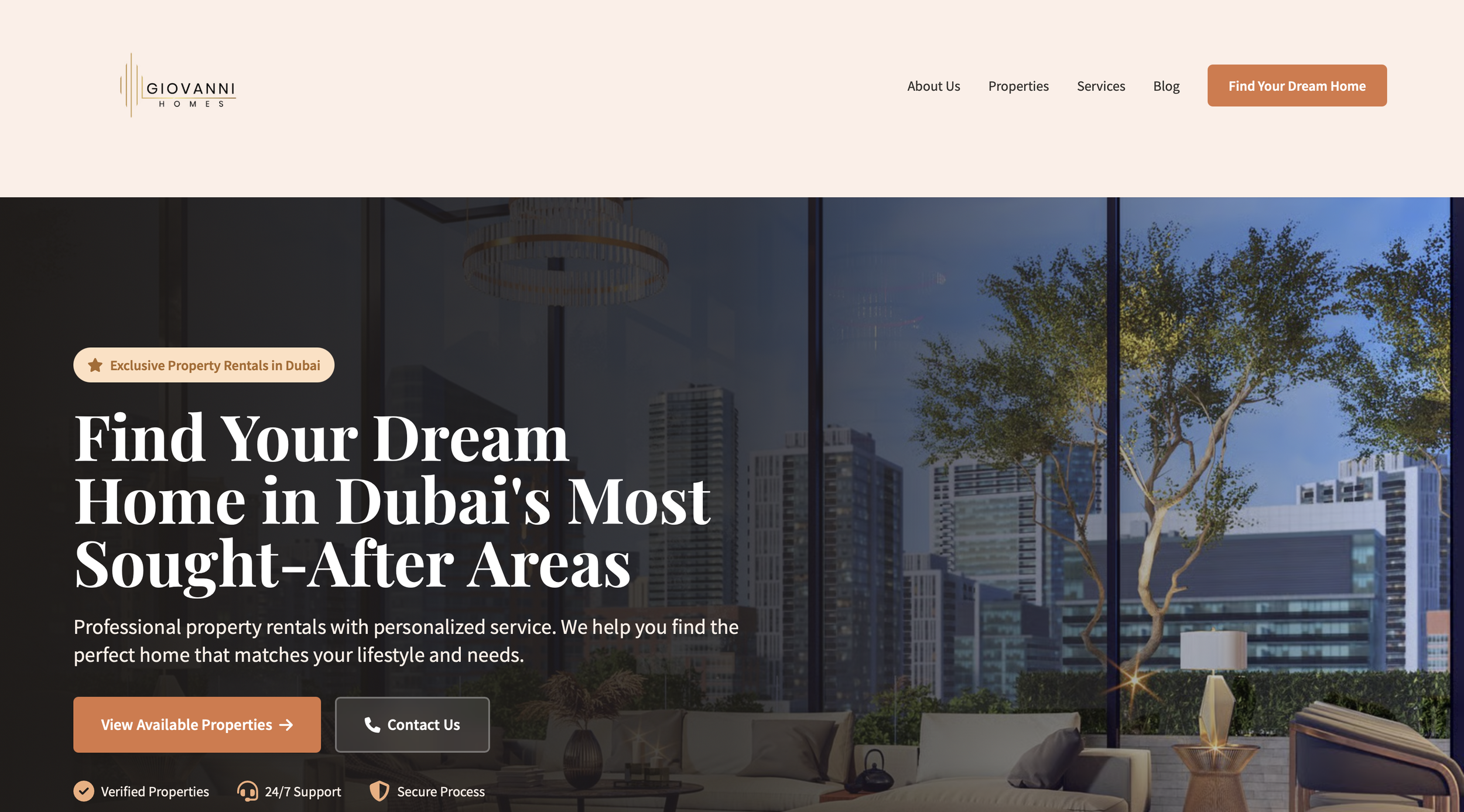 En hjemmeside for Giovanni Homes med overskriften 'Find Your Dream Home in Dubai's Most Sought-After Areas' og knapper til 'View Available Properties' og 'Contact Us'. www.giovanni-homes.ae