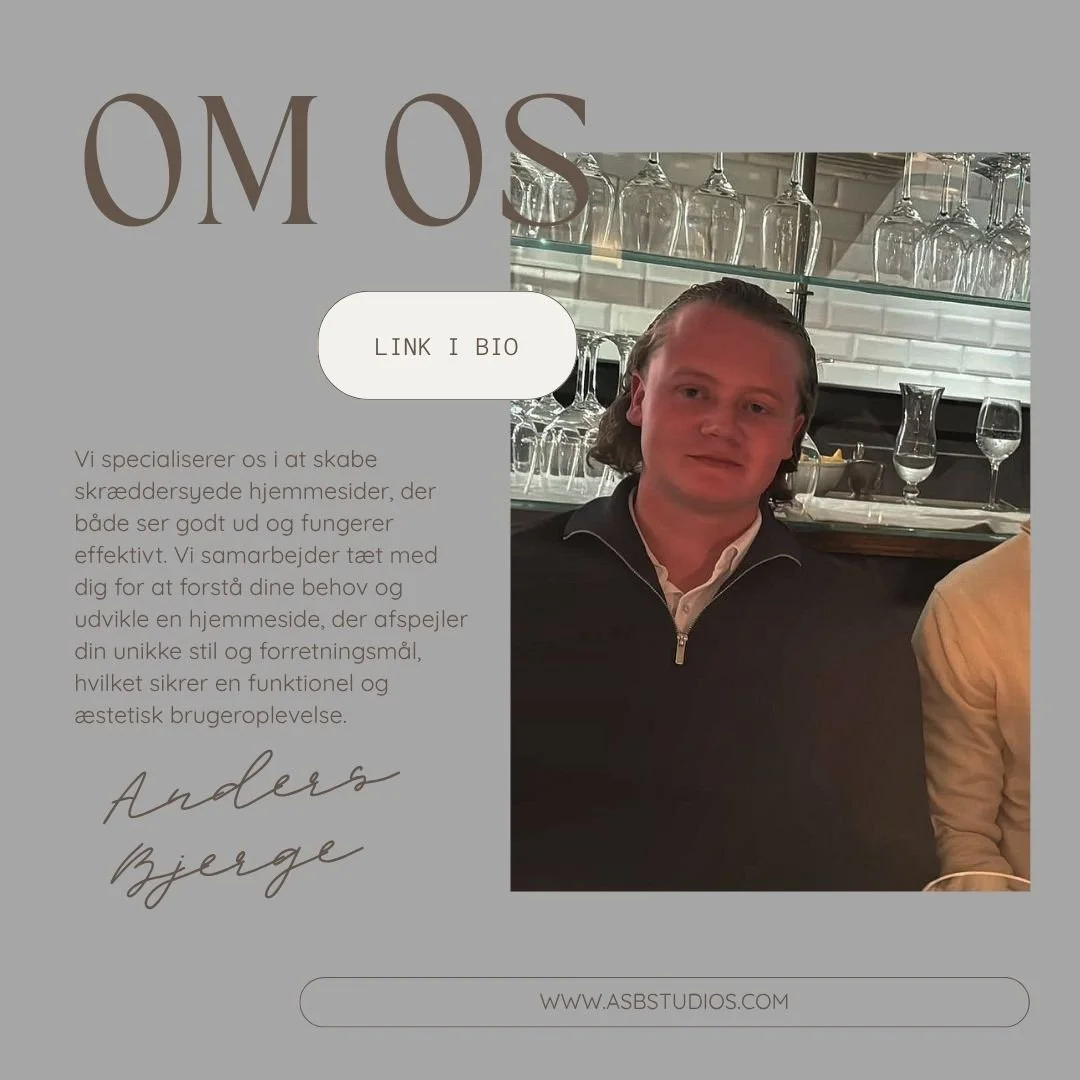 Om os &ndash; ASB Studios
Vi er specialister i at skabe skr&aelig;ddersyede hjemmesider, der b&aring;de ser godt ud og fungerer effektivt.
Hos ASB Studios arbejder vi t&aelig;t sammen med dig for at forst&aring; dine behov og udvikle en l&oslash;snin