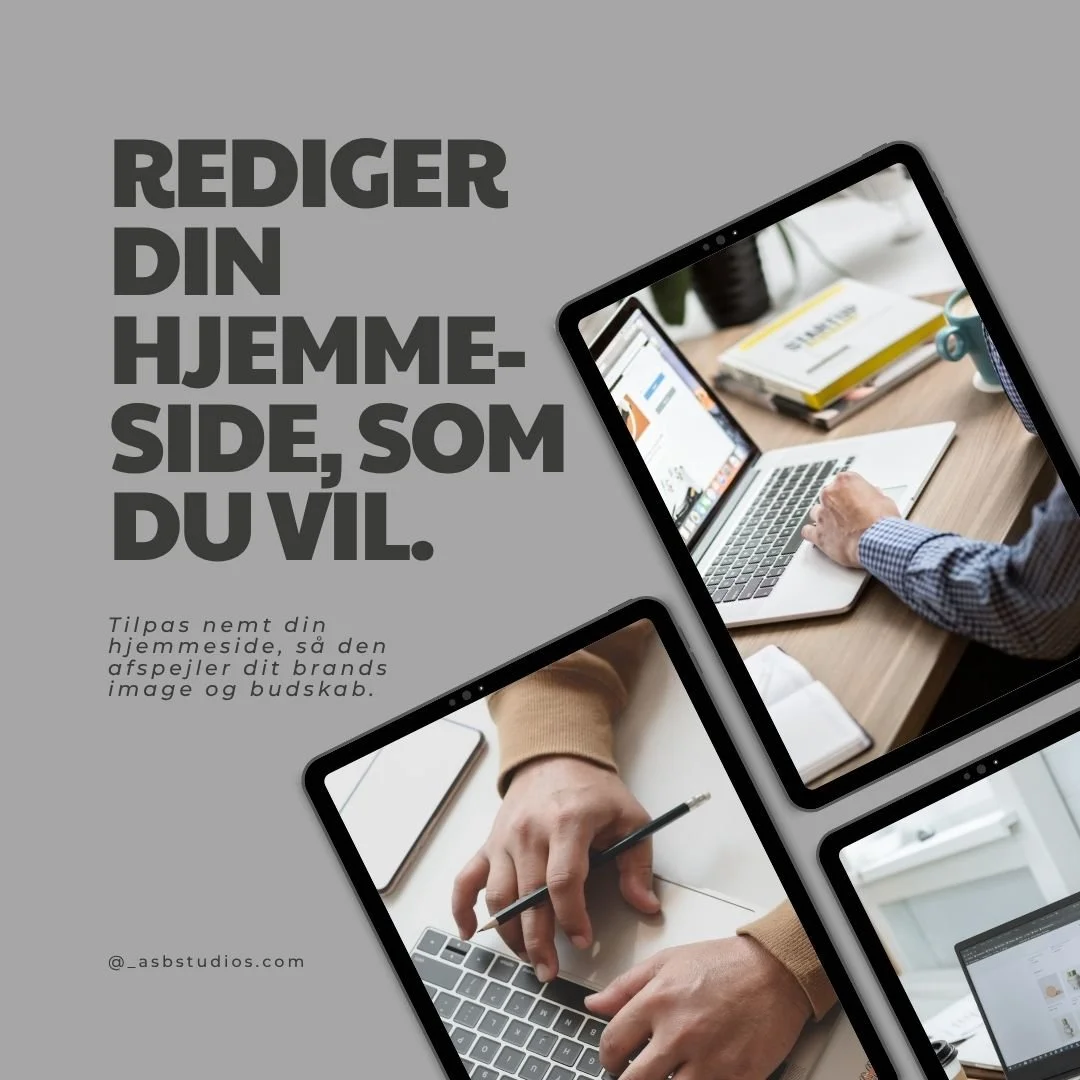 Rediger din hjemmeside, som du vil!

Hos ASB Studios f&aring;r du fuld kontrol over din hjemmeside &ndash; nemt og fleksibelt. Tilpas design, indhold og funktioner, s&aring; din side afspejler dit brand og budskab.
Vi bygger hjemmesider, der er:
✅ Br