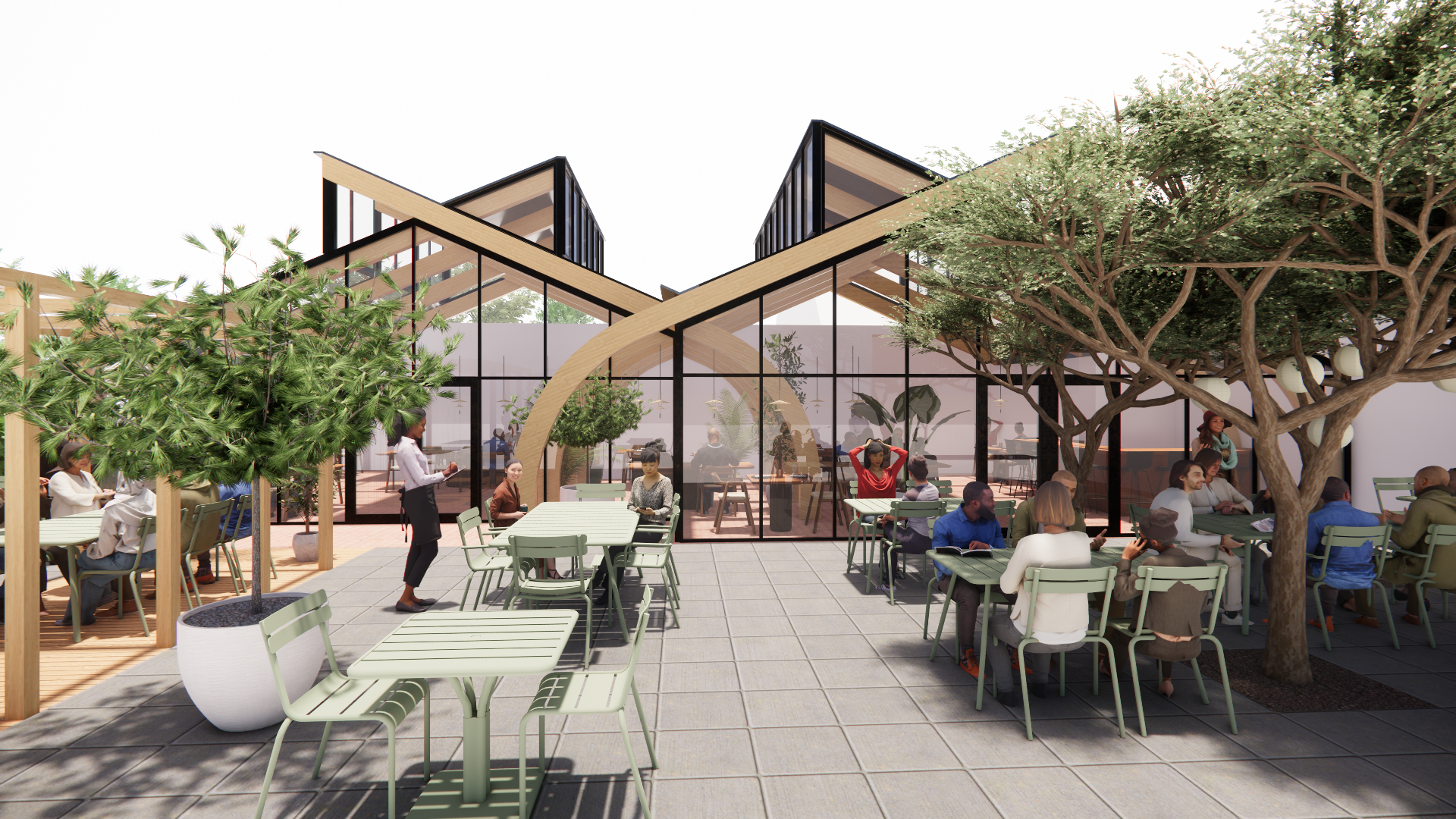 Een bijzonder en uniek ontwerp van hergebruikte houten spanten, die op speelse wijze langs elkaar zijn geschakeld om een nieuw gebouw van te kunnen maken op een kleinere footprint.