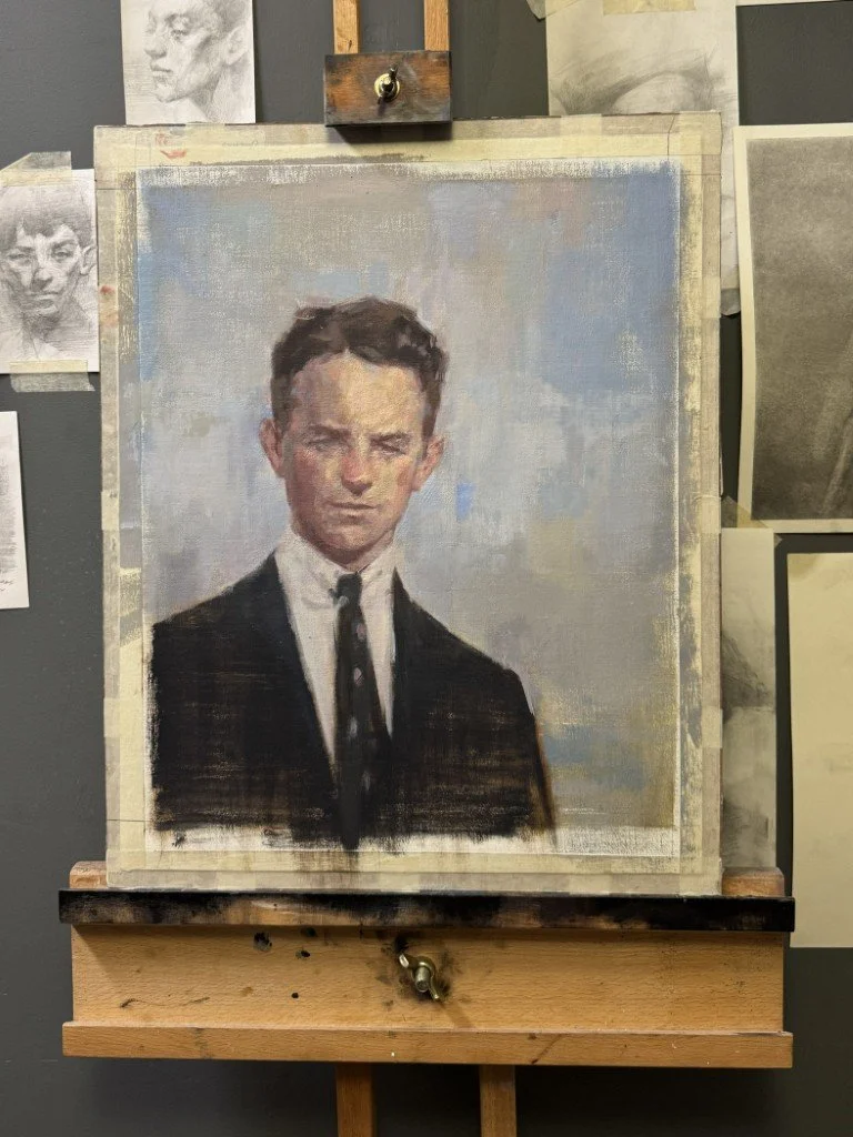 Fielding, an original oil painting by Artist Bran Sivas, displayed on an easel in the artist's studio.