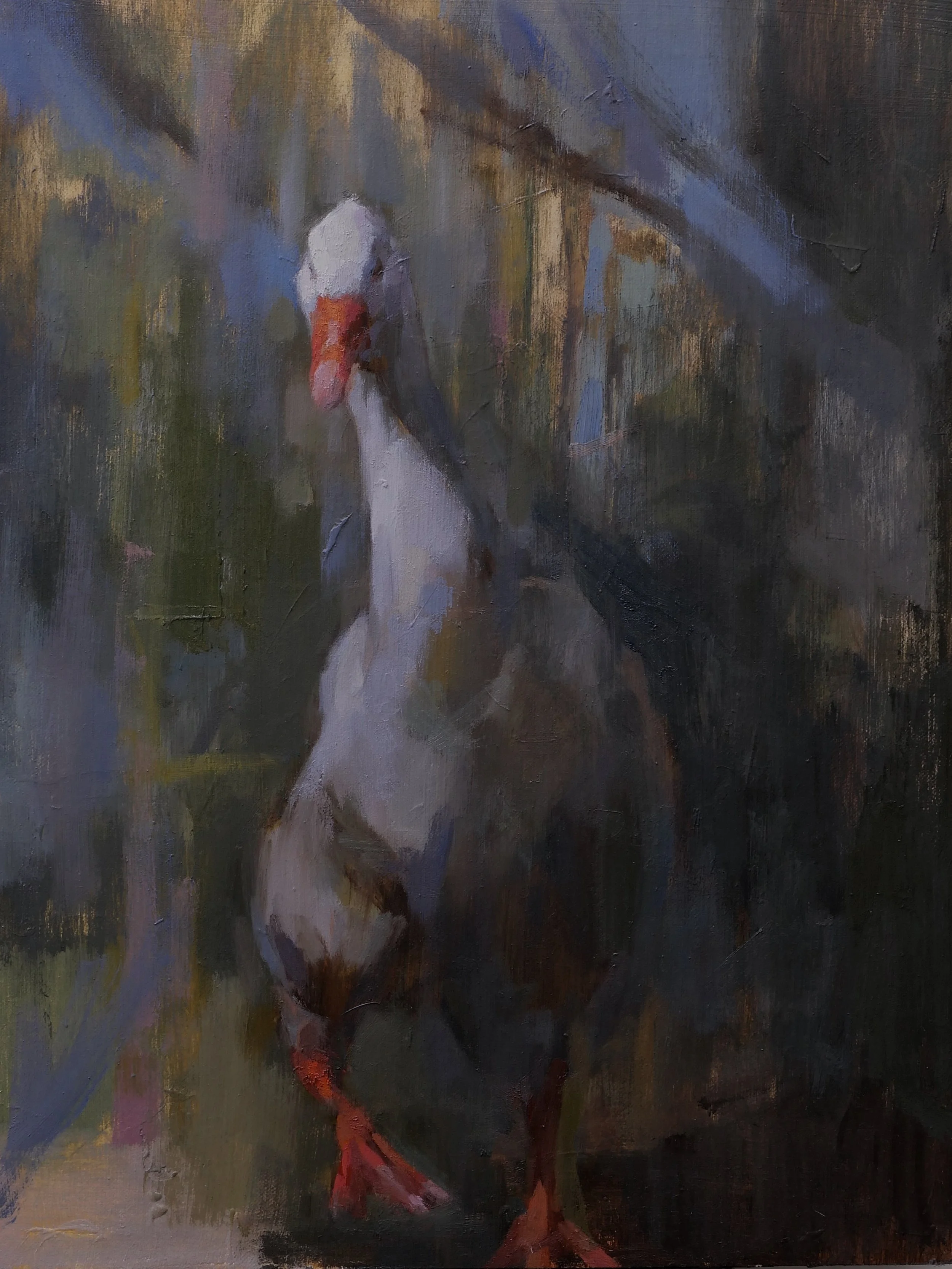 Goose, an original oil painting by Artist Bran Sivas, depicting a stunning animal emerging through layers of muted tones.