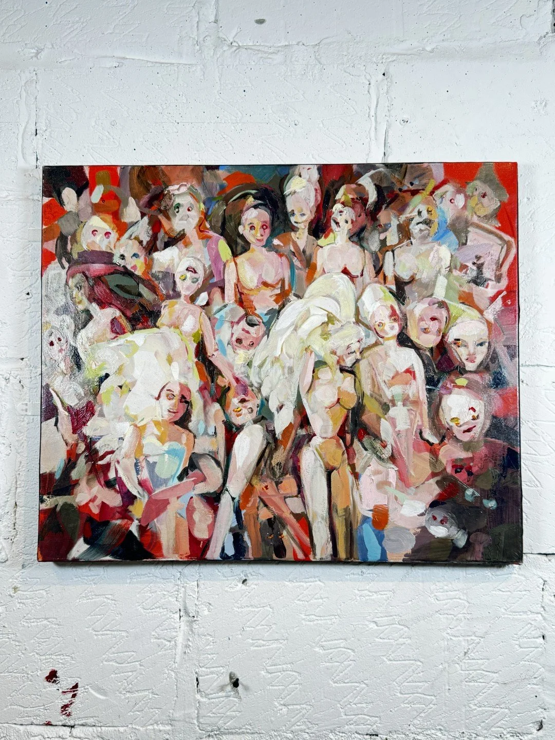 Original oil on canvas painting "Ouroboric Broligarchy" by artist Larissa Hollis, displayed on a white wall.