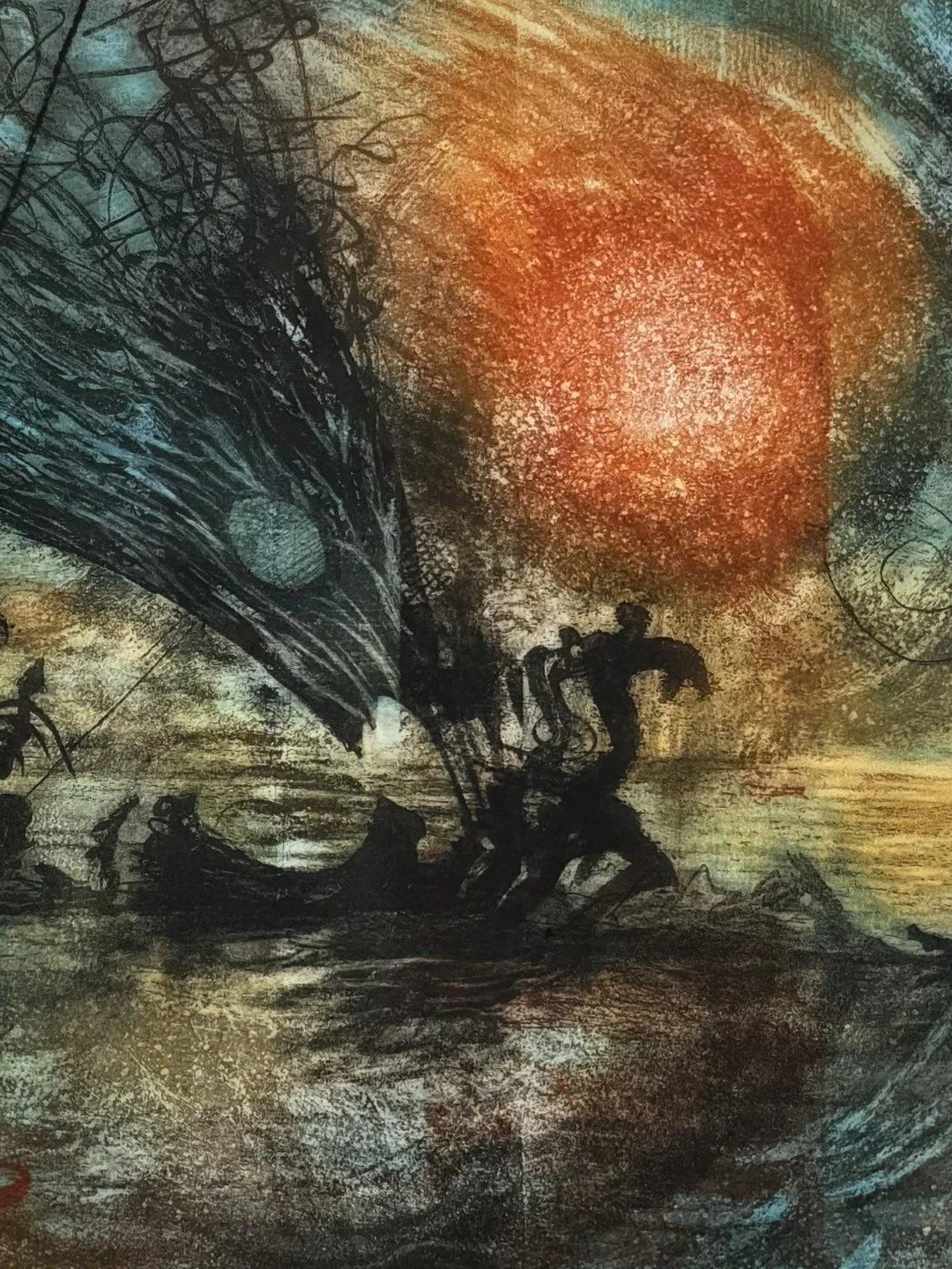 Misi me nell'alto mare aperto by Noonie Minogue, detail of the print showing the sinking of Ulysses' ship with all on board.