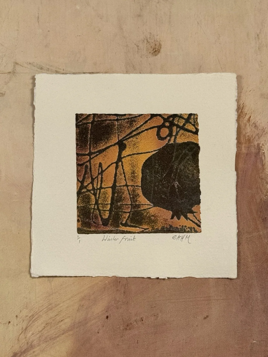 Winter fruit, an etching and monoprint by Artist Noonie Minogue.