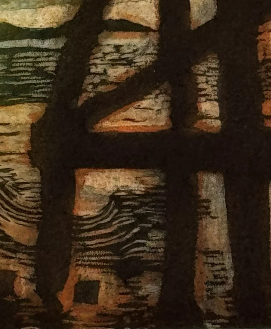 closeup view of Last Beams 2/30, a beautiful two-plate etching by Artist Noonie Minogue.