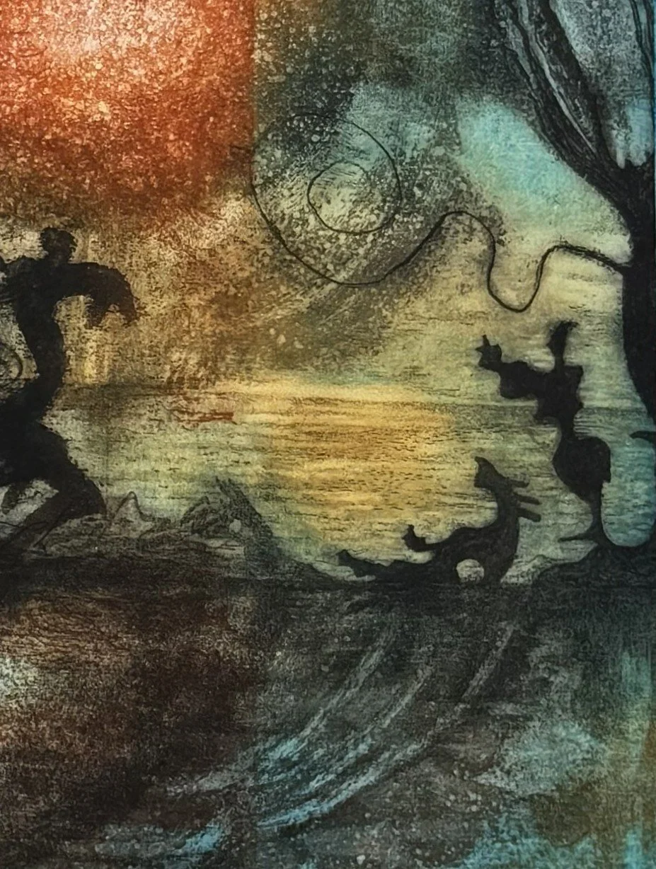 Detail of the print Misi me nell'alto mare aperto by Noonie Minogue, illustrating Ulysses' final voyage of exploration.