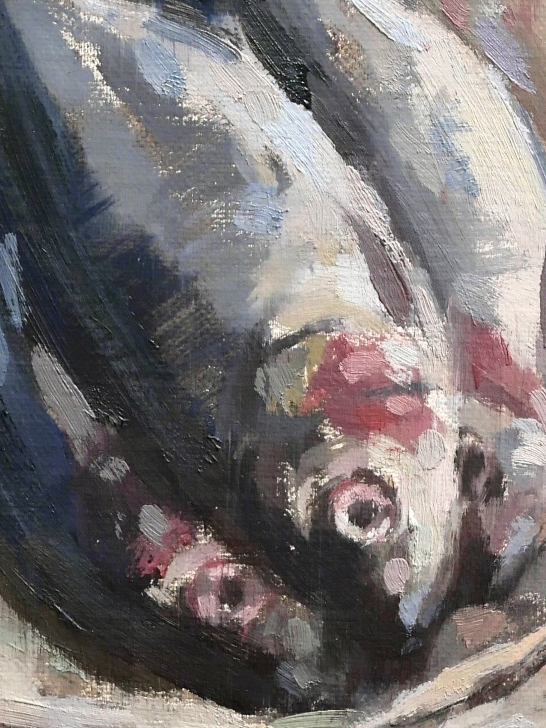 Close-up view of Sardines on Wax Paper, a beautiful still life and original oil painting by Artist Bran Sivas.