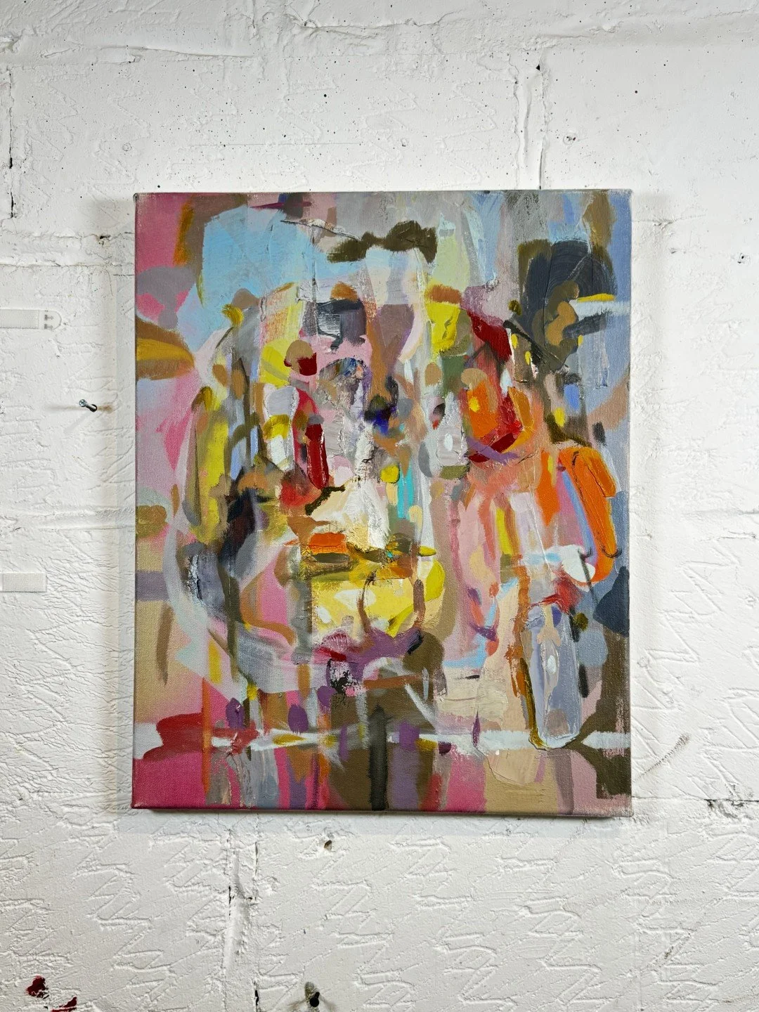 Vibrant abstract oil on canvas painting titled "Selfie" by artist Larissa Hollis, displayed on a white wall.