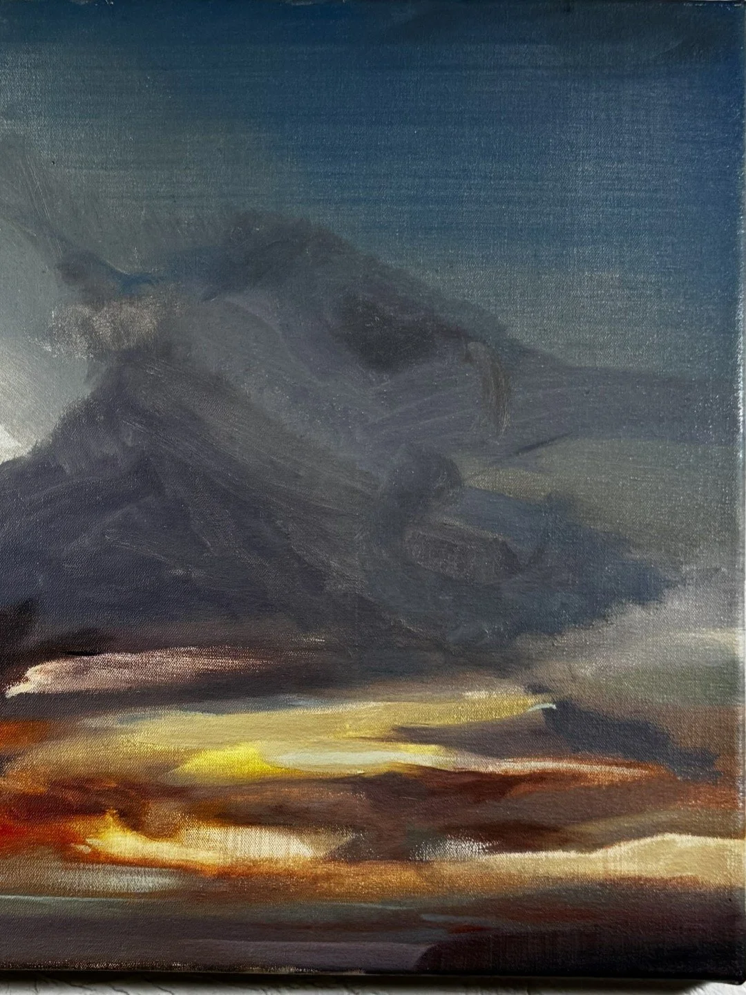 Original oil painting titled "Dusk" by Larissa, depicting dramatic sky over Cape Town, right-hand side closeup.