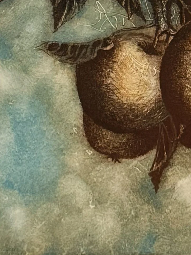 Golden Bough 9/15, a colourful etching and monoprint by Artist Noonie Minogue, closeup view of the artwork.