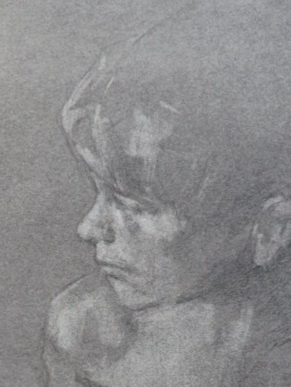 Close-up of Dax study, an original drawing by Artist Bran Sivas, using graphite and charcoal on paper.