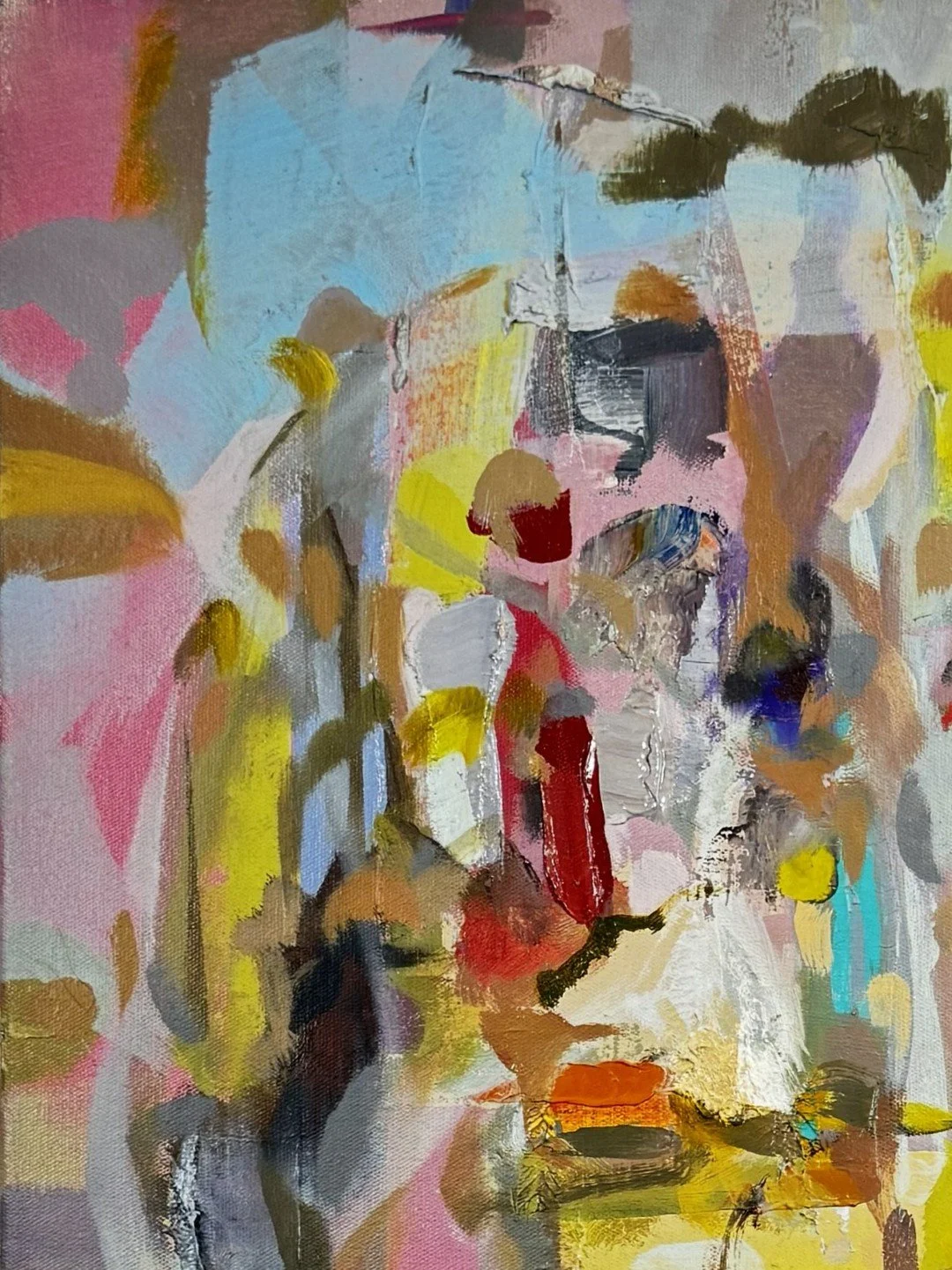 Vibrant abstract oil on canvas painting titled "Selfie" by artist Larissa Hollis, top closeup.