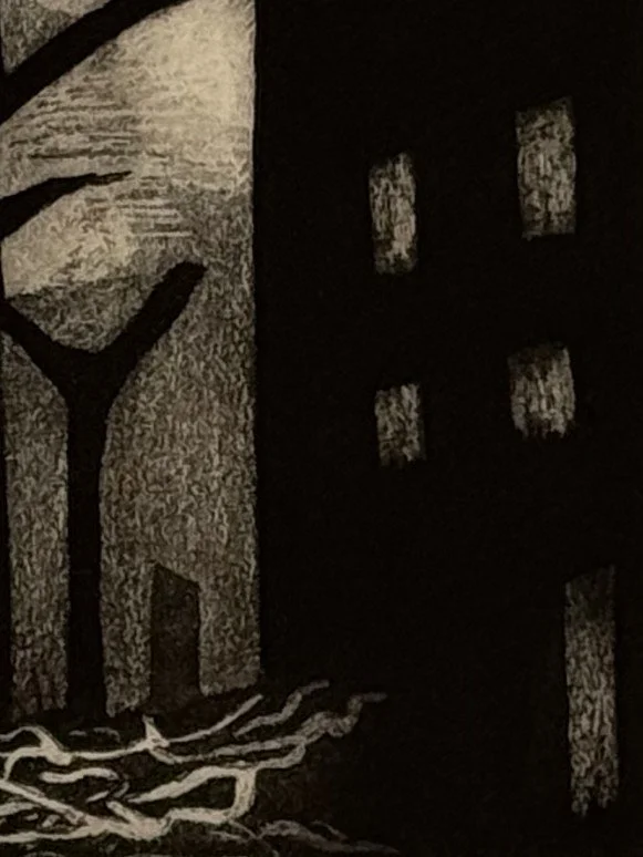 Building detail of The Wishbone by Artist Noonie Minogue, a one-plate plate etching in black and white, printed in 2024.