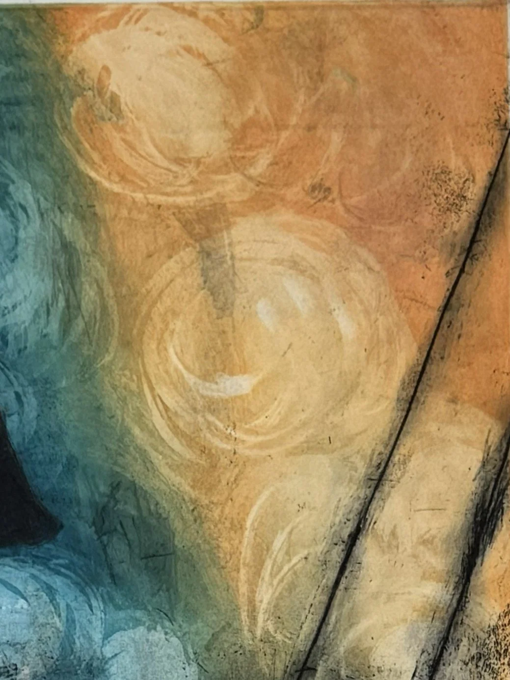 Fisher Kings 1/20, an etching and monoprint by Artist Noonie Minogue. Close-up view of a bright yellow area of the artwork.