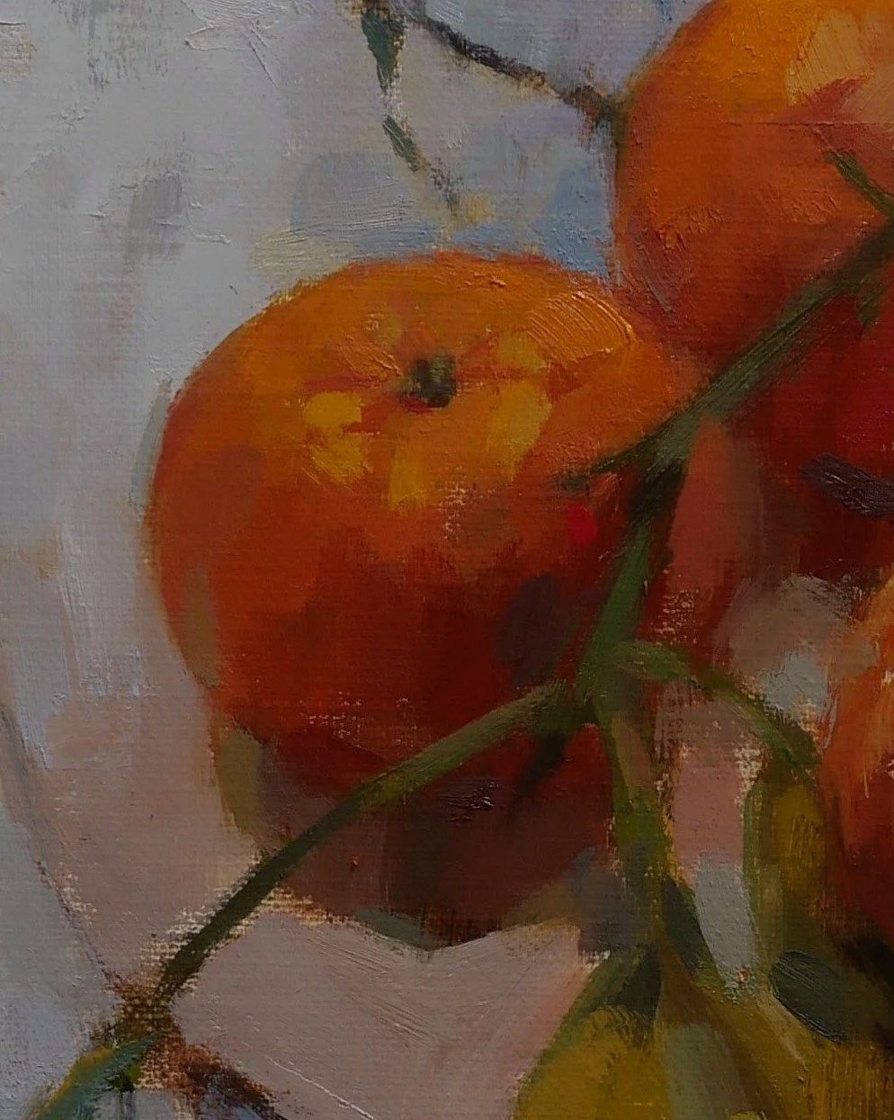Close-up view of Clementines on a Plate, a beautiful still life and original oil painting by Artist Bran Sivas.