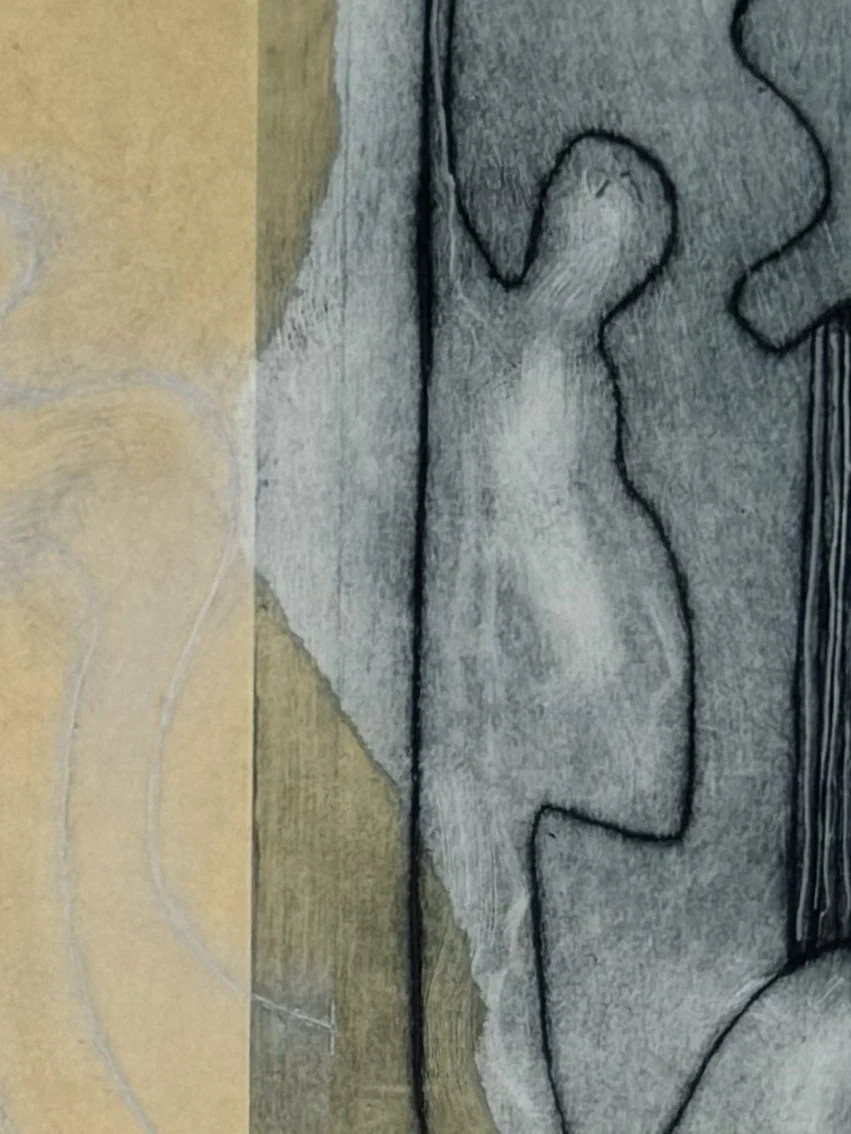 Close up of Triad by Artist Noonie Minogue, a stunning contemporary monoprint using drypoint and chine collé techniques.